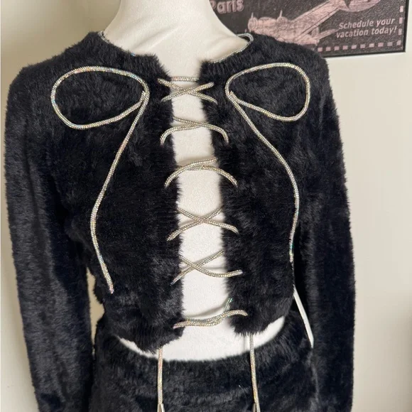 For Love And Lemons Black Faux Fur Rhinestone Top & Skirt Set NW/OT, M/L - Picture 4 of 7